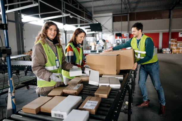 Colleagues work together on packing packages at the factory
